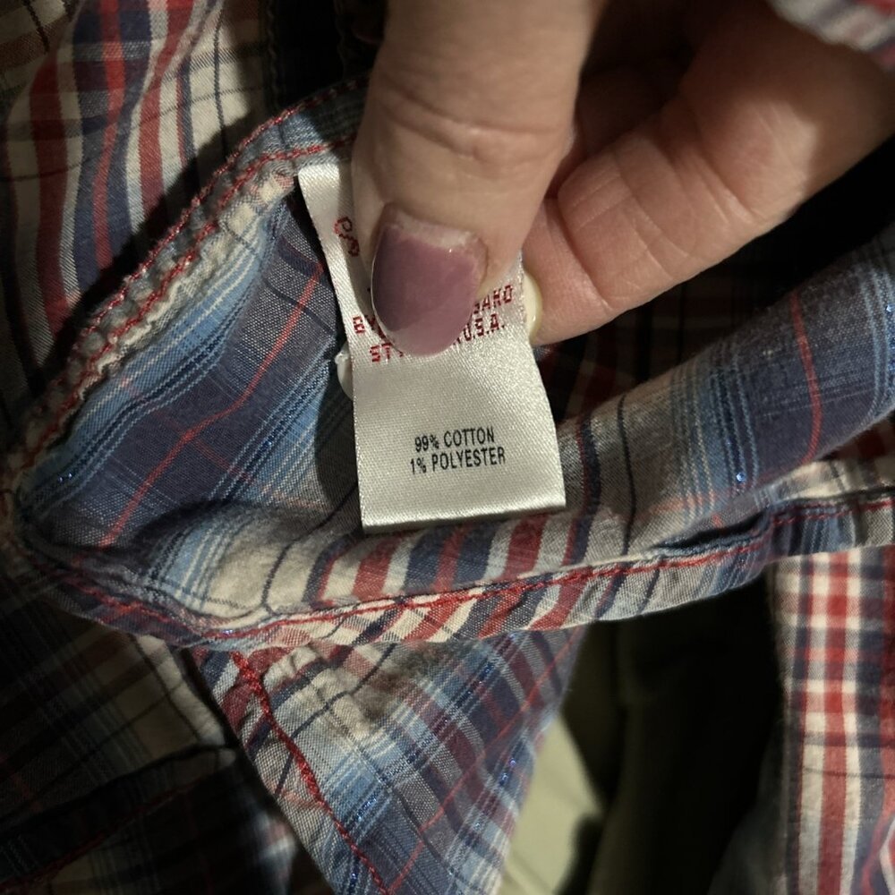 VTG Lucky Brand Western Shirt Womens M Cowgirl Pearl Snap Plaid Tiger Patch - Picture 16 of 16